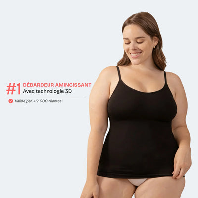 Ventre plus plat et taille fine avec CelluCore™, produit contre la cellulite, montrant une femme souriante et confiante.