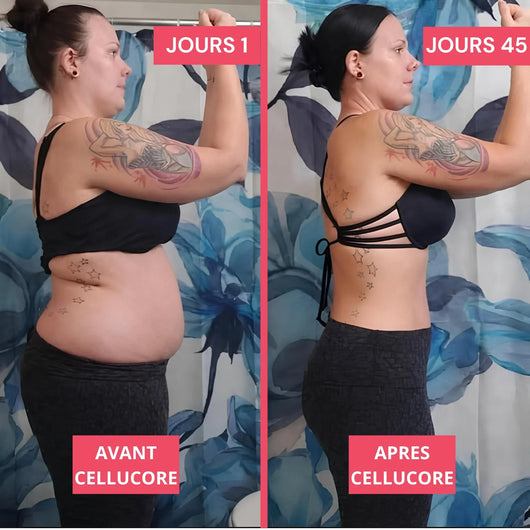 Cellucore CelluCore™ pour ventre plus plat et taille plus fine, montrant une silhouette affinée après 45 jours d'utilisation.