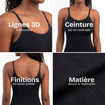 CelluCore™ ventre plus plat et taille fine, femme souriante portant un vêtement ajusté, mise en valeur de la silhouette.