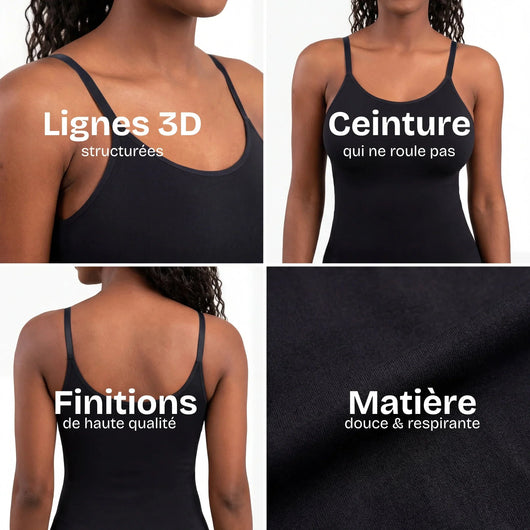 CelluCore™ ventre plus plat et taille fine, femme souriante portant un vêtement ajusté, mise en valeur de la silhouette.